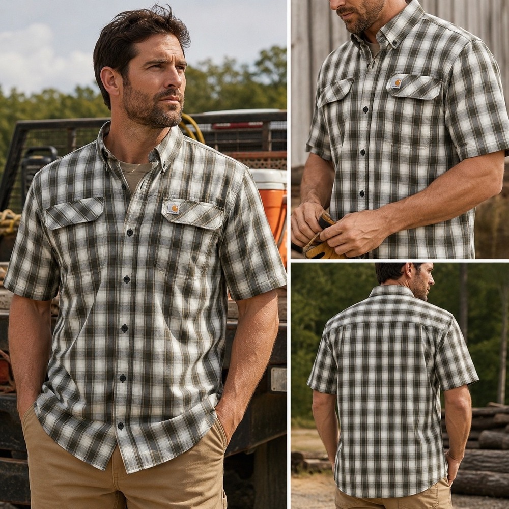 Carhartt Force Plaid Shirt Men's Medium Moss Relaxed Fit Lightweight Workwear